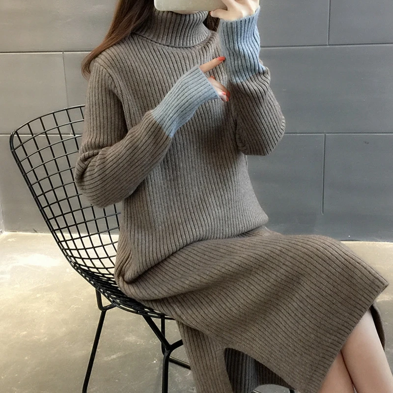 Длинное платье-свитер Женская мода 2019 осень зима винтажное вязаное Повседневное