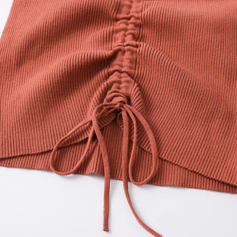 

New Women Knitted Tops Lapel Drawstring Sweater Long Sleeve Elastic Tight-fitting Bottoming Solid Tops Autumn Clothes TRF001