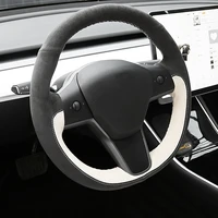 shining wheat black suede white leather hand stitched car steering wheel cover for tesla model 3 2017 2020 model y 2020 2021