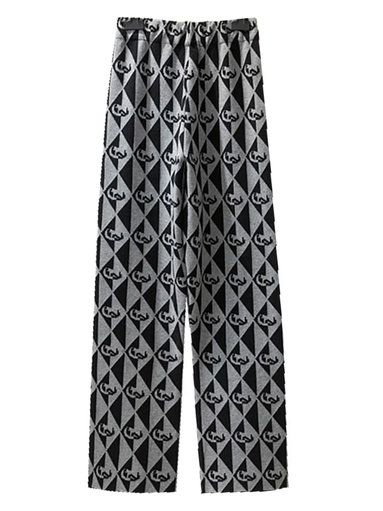 

CHIC Spring 2021 New Loose Women Wide Leg Pants Vintage Casual Geometric Knitted Trousers Female