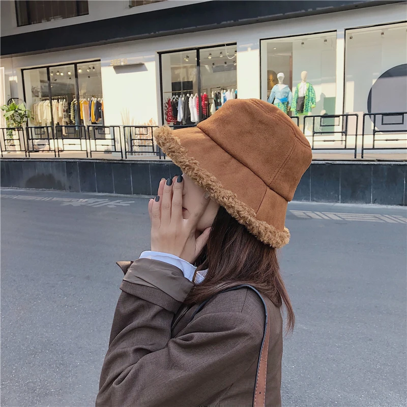 

Autumn Winter Warm Thick Plush Women Bucket Hat Uede Artificial Fur Outdoor Warmth Girls Lamb Wool Fisherman Unisex Basin Cap