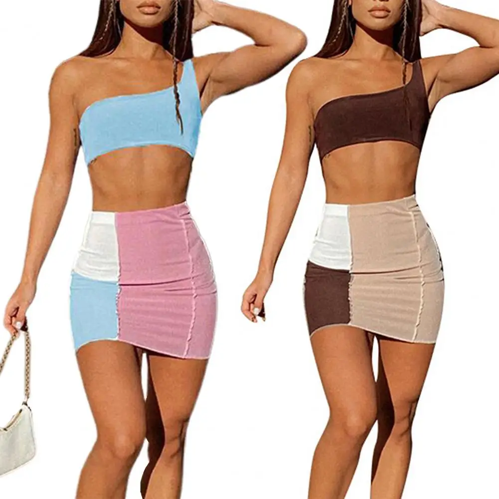 

Строченное облегающее платье на одно плечо, Женский лоскутный укороченный топ и юбка, комплект для вечеринки