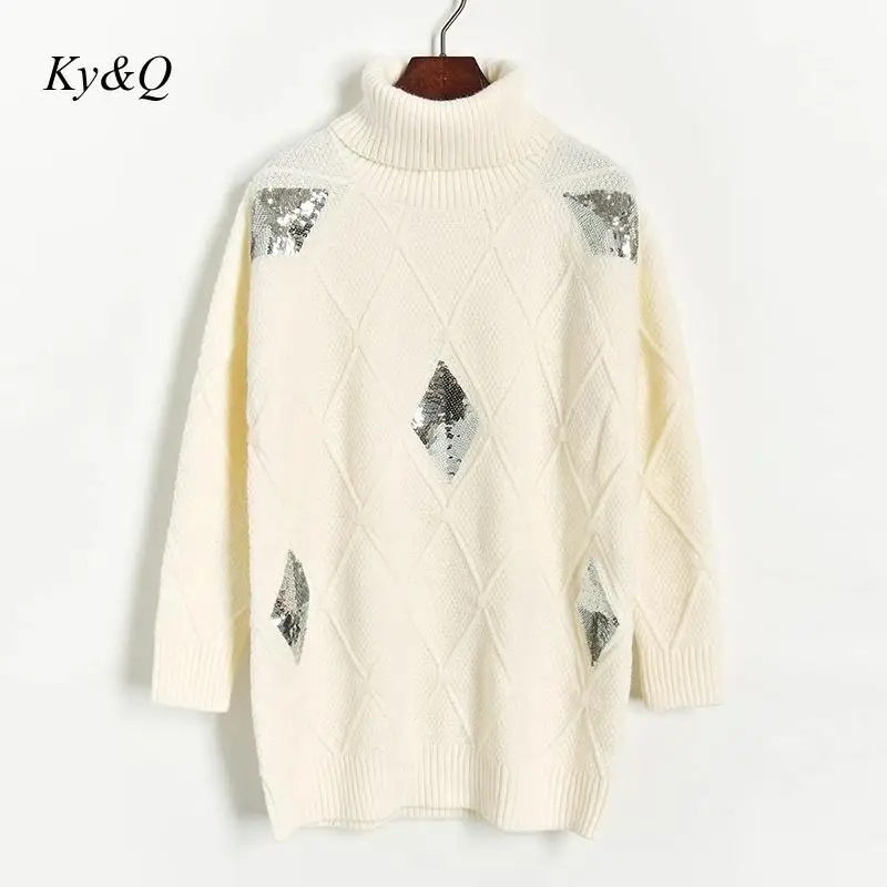 Brand 2019 Winter Women Pink Luxury Pullover Long Loose Lazy Turtleneck Sequin Rhombus Warm Knitted Sweater Clothes Jumper | Женская