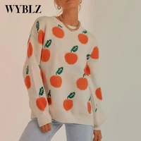 wyblz 2021 autumn winter pullover sweaters women long sleeve o neck sweater apple pattern sweet girl knitted jumpers sweater new