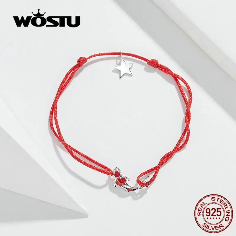 WOSTU 100% Серебро 925 пробы Серебряное пустое сердце любовь красная веревочная цепь