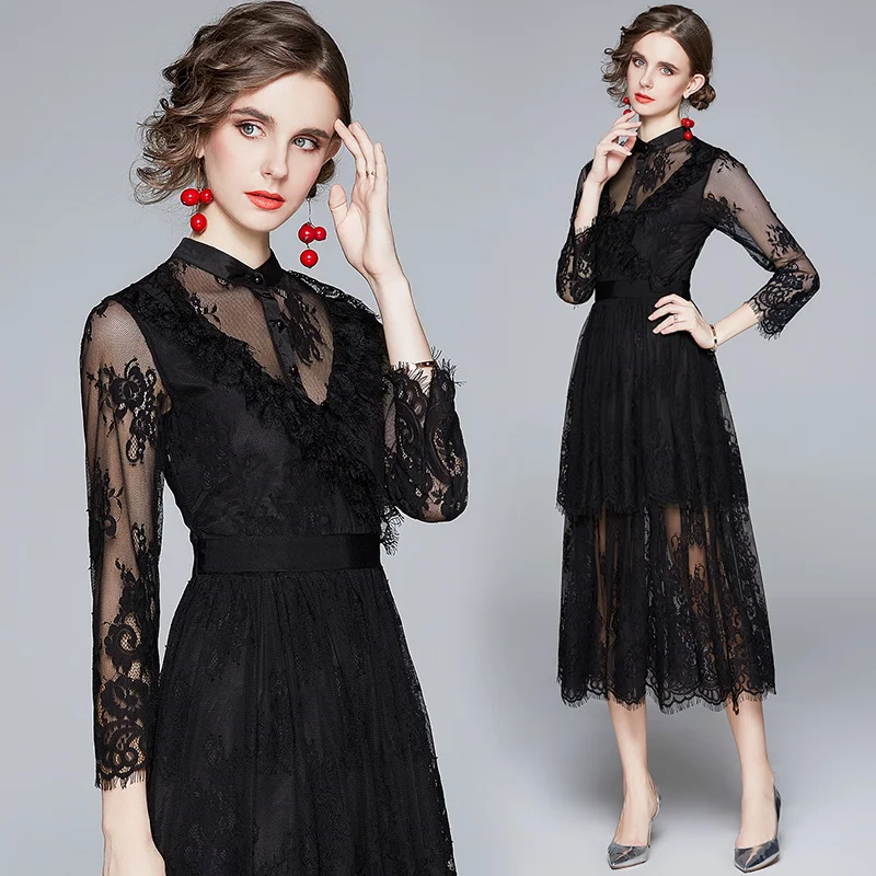 

Skirts Lace Hollow Out High Waist Dress Sexy Vintage Single Breasted Chic Medium Long Elegant Charming Dress Ladies Midi Skirt