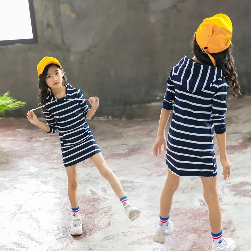 Dress for Girls Teen Strip Hoodie Cotton Korean Fall Autumn Winter Princess Long Costume 2 3 4 5 6 7 8 9 10 11 12 Year | Детская одежда