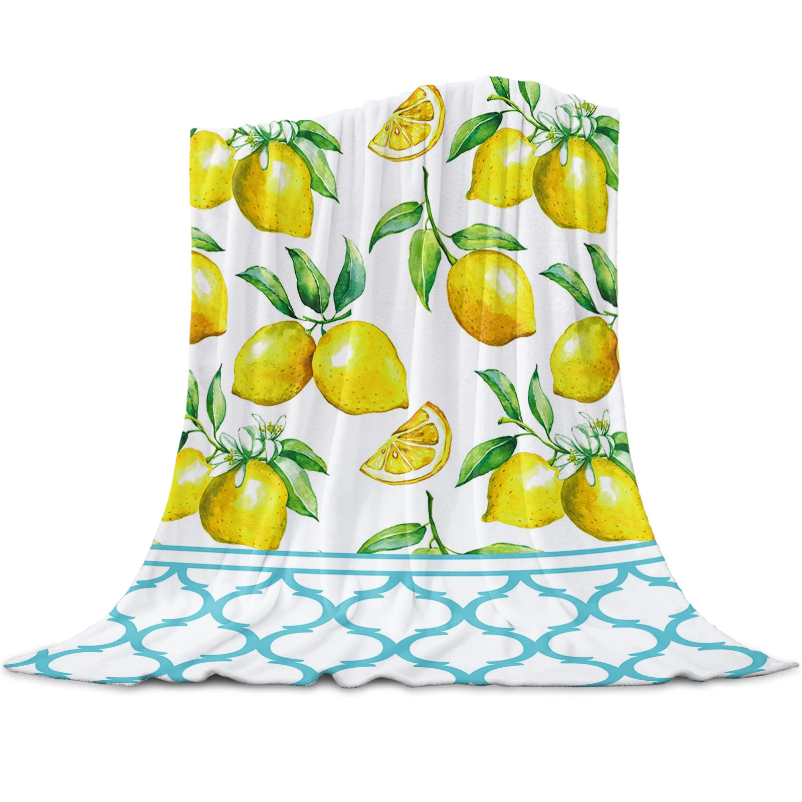 

Summer Lemon Blue Moroccan Pattern Throw Blanket Portable Travel Soft Blanket Home Decor Microfiber Flannel Blankets for Beds