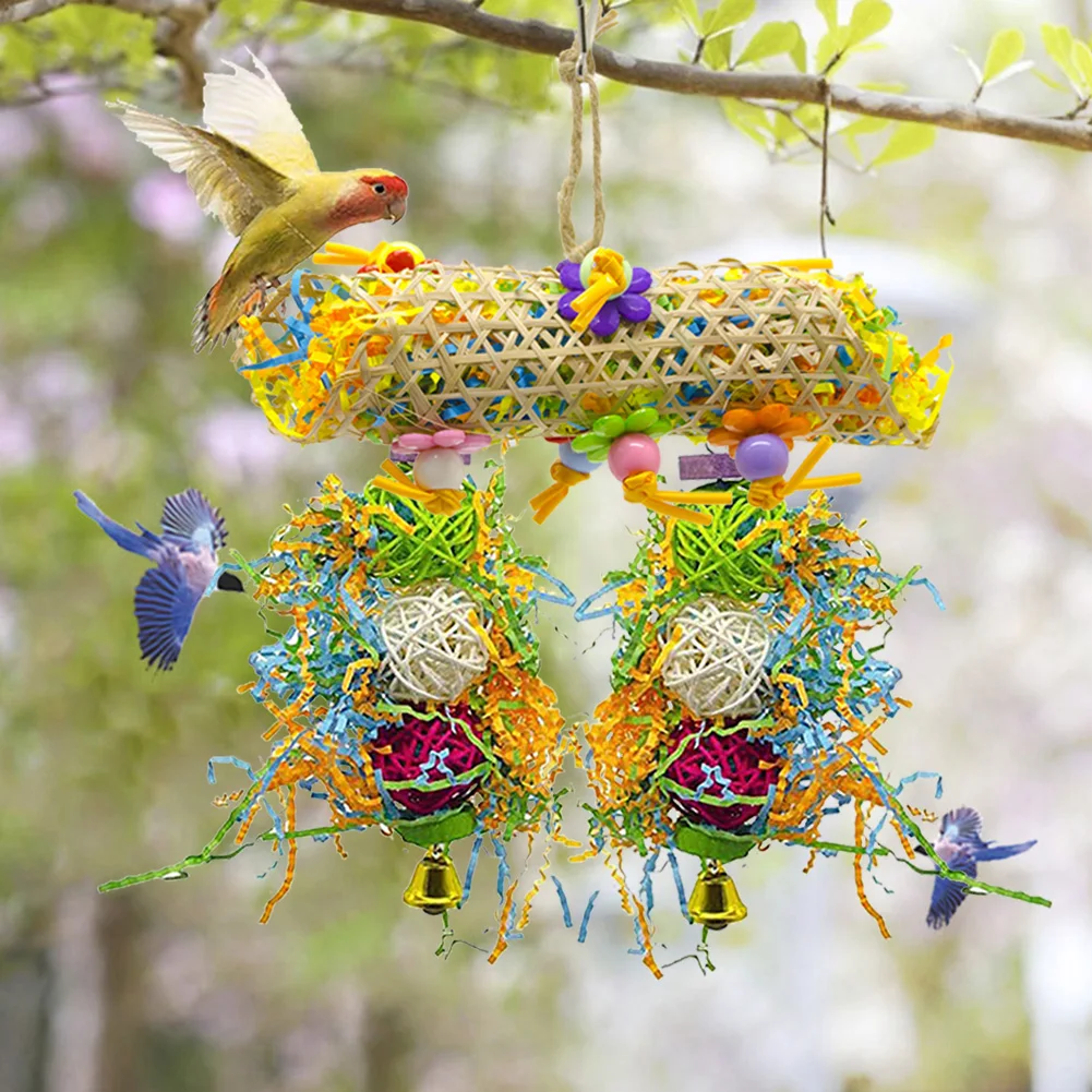 

Bird Parrot Shredded Toys Portable Wood Sepak Bakraw Bamboo Chewing Hanging Cage Paper Strings Wire Drawing Ball Pet Products