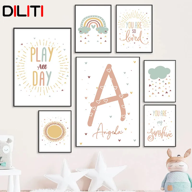 

Cartoon Sun Rainbow Cloud Rain Quotes Wall Art Nordic Custom Kid Name Canvas Painting Nursery Print Poster for Baby Room Decor