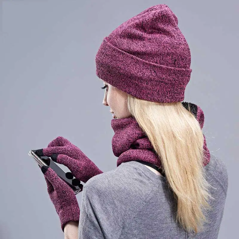 

Зимняя Шапка-бини, шарф, набор для женщин и мужчин, вязаная однотонная теплая шапка, Женский комплект перчаток для сенсорного экрана, модные ...
