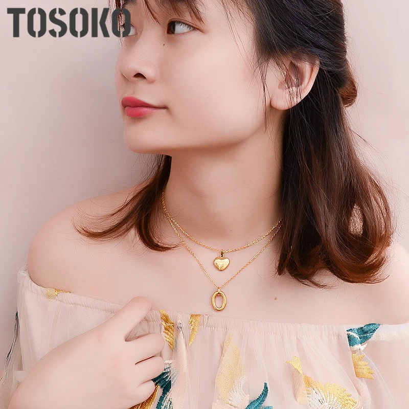

TOSOKO Double-Layer Mini Peach Heart With Egg-Shaped Circle Pendant Stainless Steel Jewelry For Women BSP310