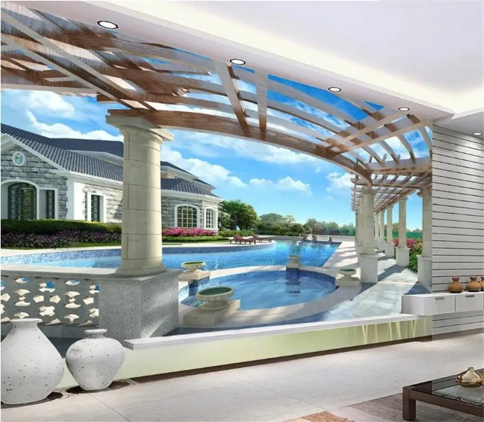 3d фотообои нестандартного размера для гостиной открытый бассейн морской домик