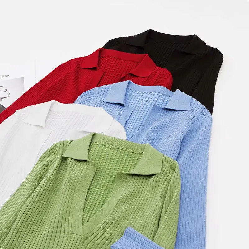 

Autumn and winter new street solid color tight short-sleeved sweater women, wild stretch thin V-neck pullover sweater ladies