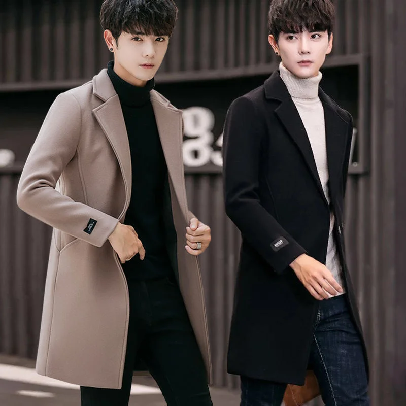 

Шерстяное корейское пальто для молодых мужчин облегающее средней и длинной ветровка мужское молодежное Трендовое мужское шерстяное пальт...