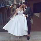 Элегантное ТРАПЕЦИЕВИДНОЕ Короткое свадебное платье до щиколотки, атласное платье для невесты на бретелях-спагетти с кружевной аппликацией, платья