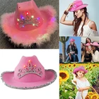 Женская Ковбойская шляпа в западном стиле светильник розовая тиара с мерцающей короной, ковбойская Кепка, вечерние, шляпа с кулиской на шею