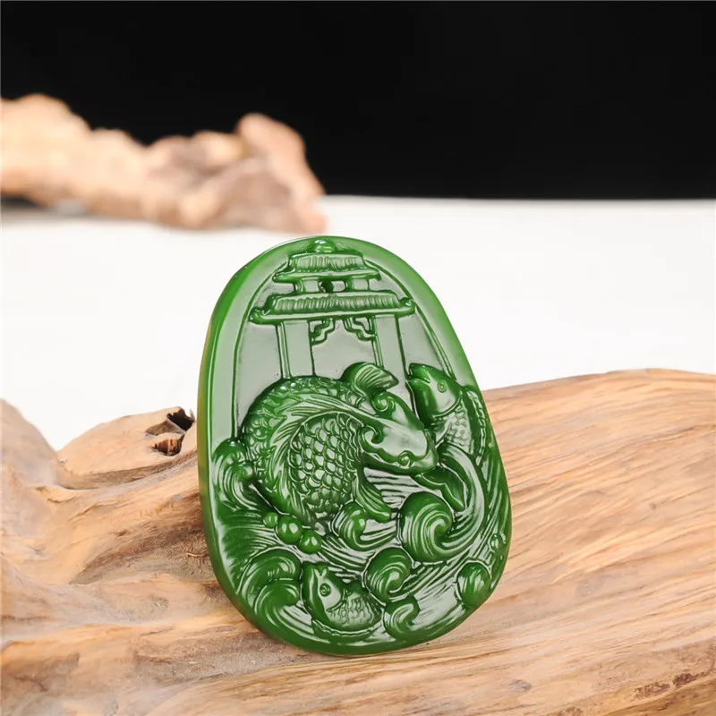 Китайский натуральный зеленый нефритовый Карп Кулон ожерелье ручной резки