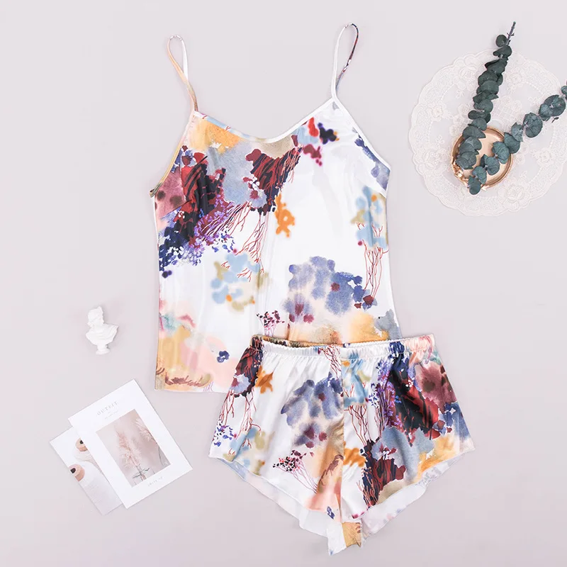 

Новинка, шелковые акварельные шорты на бретелях с V-образным вырезом, Летний Тонкий Повседневный жилет, шорты, пикантный Пижамный костюм без...