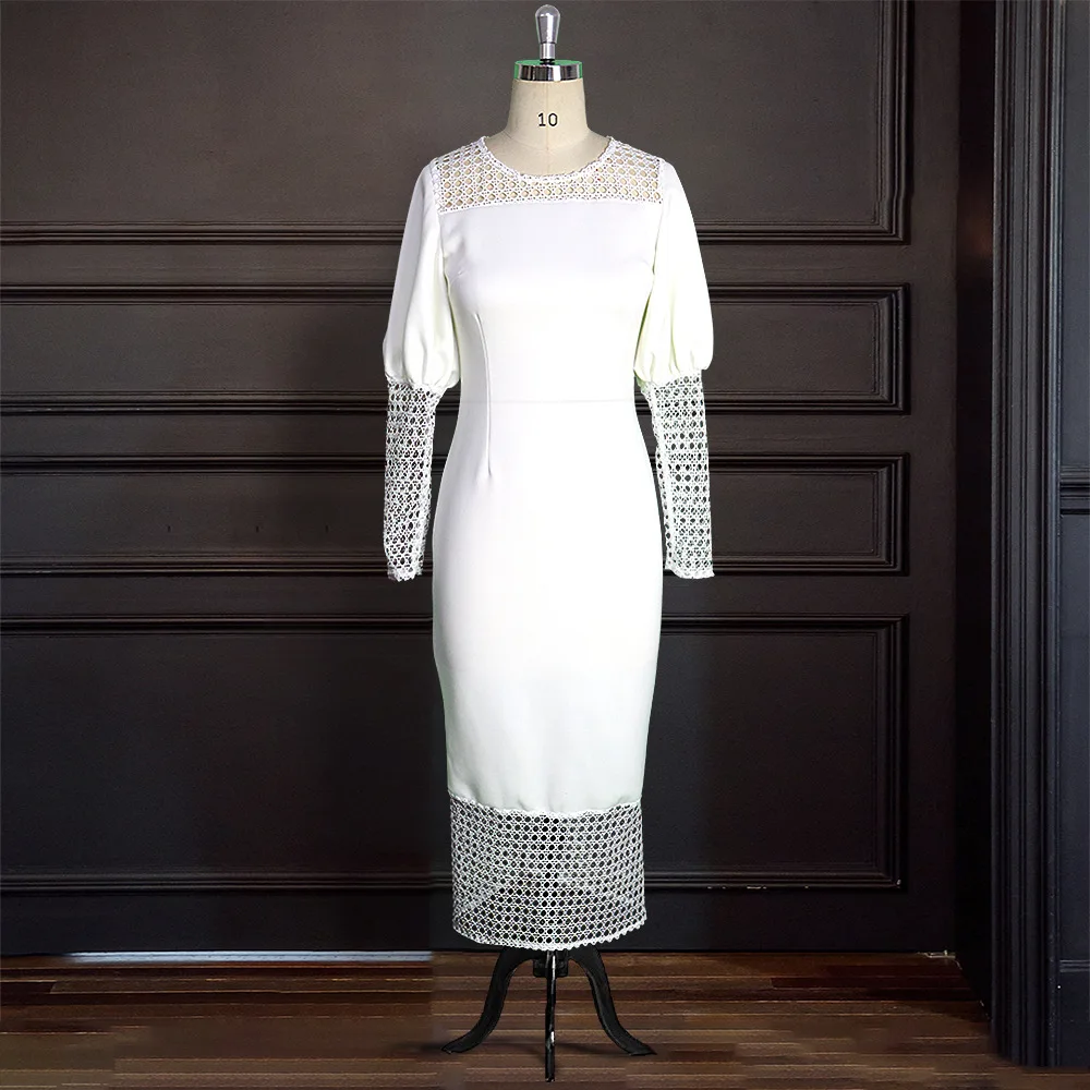 

White Sexy Bodycon Party Dress Women Elegant Evening Midi Dresses Plus Size Lantern Long Sleeve Fall Office Ladies African Robe