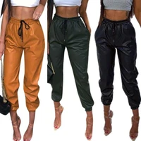 new women wet look pu drawstring waist faux leather trouser ladies joggers pants