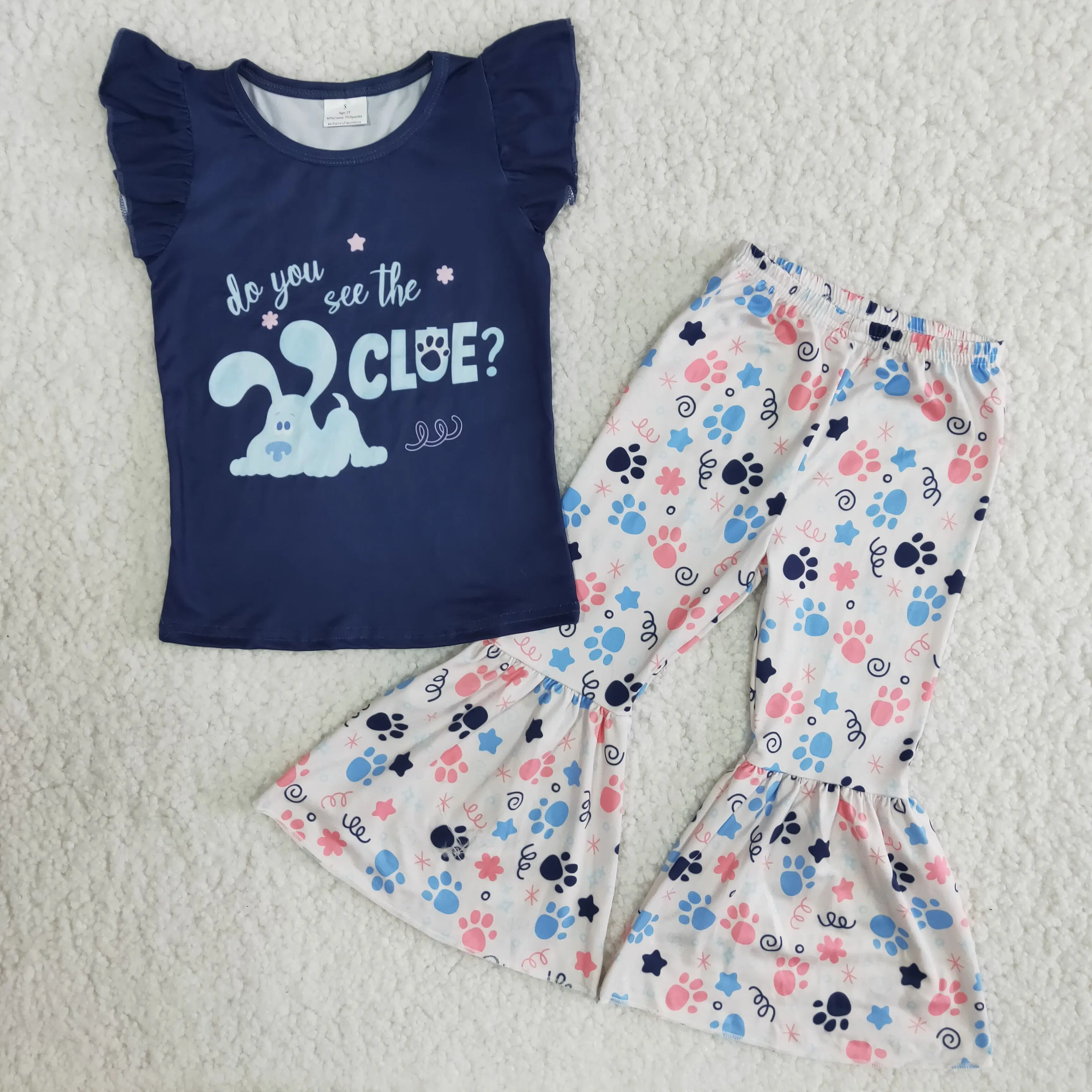 

2021 Children Outfits Fashion Flutter Sleeve Tee Shirt Top Dog Bell Bottom Pants Baby Girls Boutique Clothing Sets