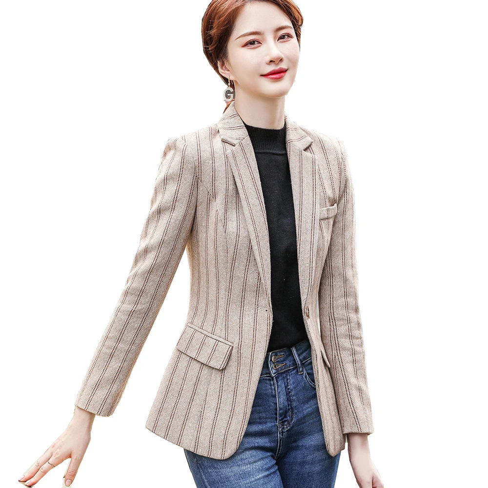 

Fashion Women Ladies Slim Blue Apricot Striped Blazer Jacket Female Autumn Winter Outwear Casual Coat
