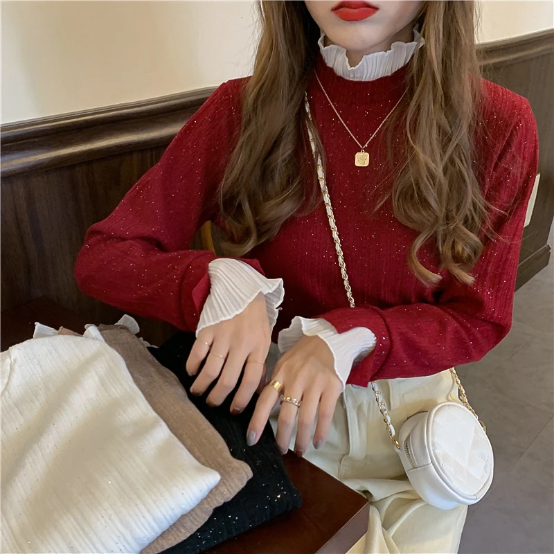 

Knitted Sweater Women Office Lady Casual Turtleneck Thin Long Sleeve Pullover Base Shirts Female Solid Tops Korean 2021 Autumn