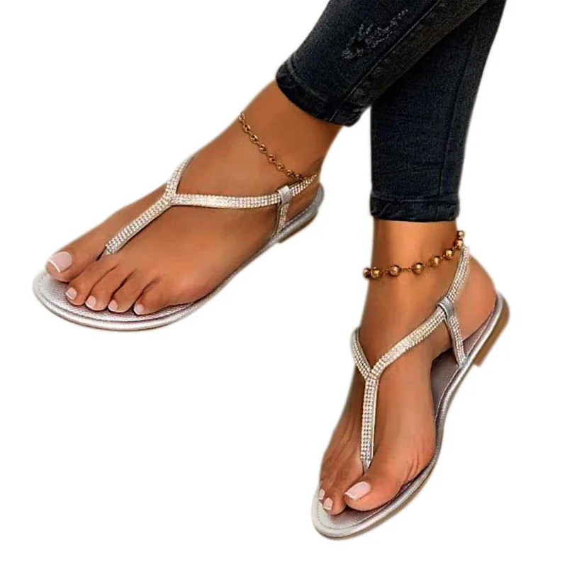 

Summer Flat Sandals For Women 2021 New Crystal Buckle Strap Casual Sandalias Female Flats Thong Sandales Fashion Ladies Shoes