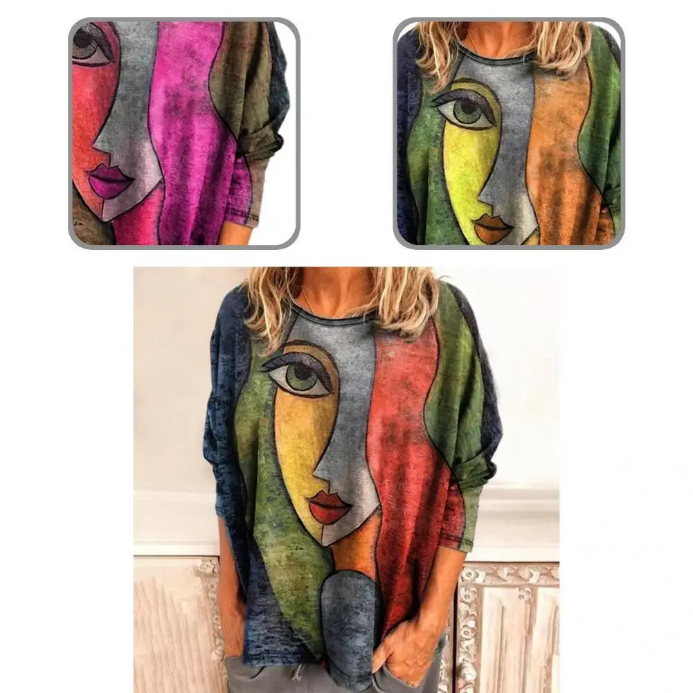

Autumn Blouse O-Neck Chic Cold Resistant Abstract Face Print Long Sleeve Blouse