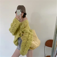 women hollow mohair sweater fall sweet temperament bog v neck loose knit pullover female elegance casual soft lady jumper tops