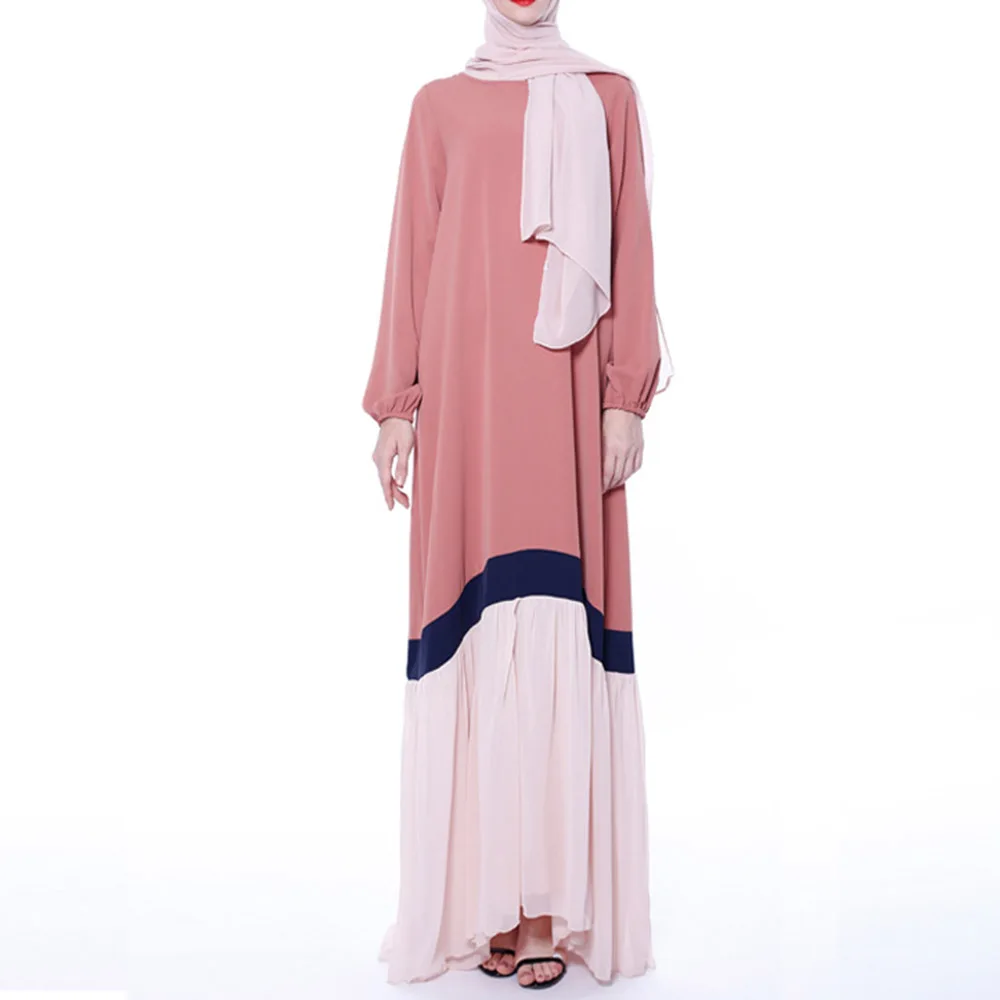 

Muslim Ladies Dresses Spring Autumn Fashion Temperament Loose Casual Simple Splicing Contrast Long Sleeve Round Neck 2021
