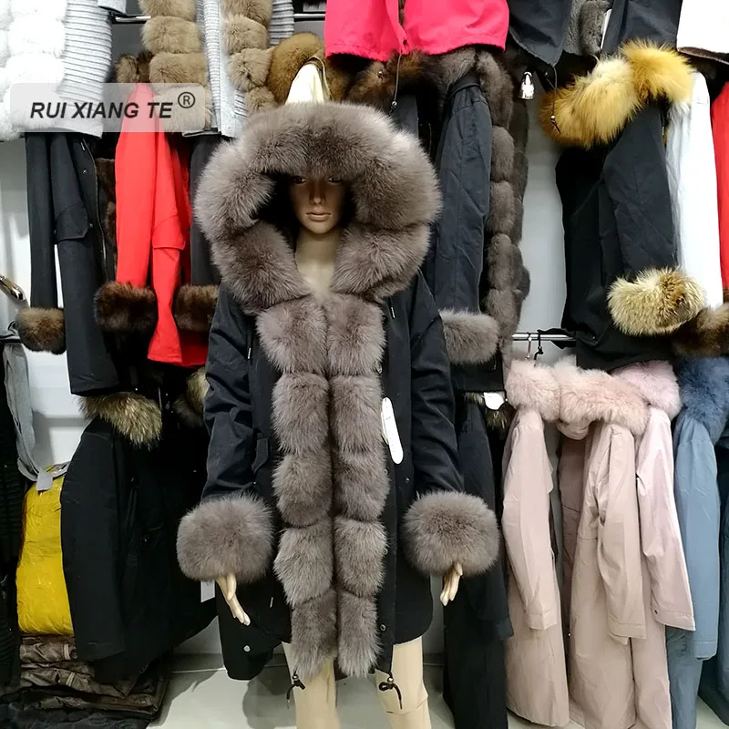 Модная женская парка из натурального меха лисы, пальто из натурального меха кролика рекс с капюшоном, пальто из натурального меха для длинной зимы