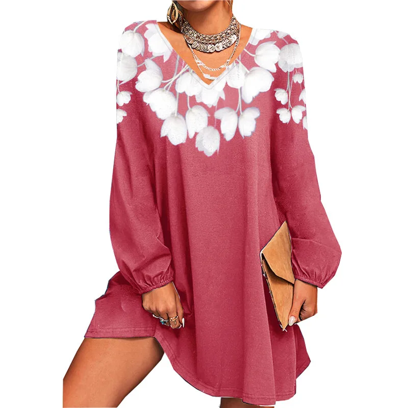

Floral Print Long Sleeve Casual Loose Dress Women Autumn Spring New Solid Color Office Mini Dresses Lady V-Neck 2022 New Fashion