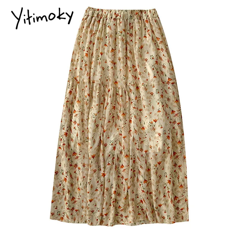 

Yitimoky Midi Skirts Womens 2021 Spring Korean Fashion Pink Elastic High Waist A-Line Vintage Casual Folds Floral Print Skirt