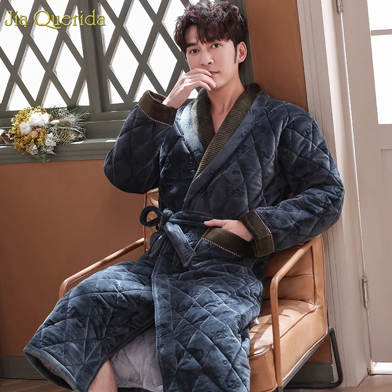 Mens Bath Robes Long Winter Thick Cozy Housecoat Luxury Velvet Kimono 3 Layer Padded Thick Warm Dress Gown Winter Bathrobe Male