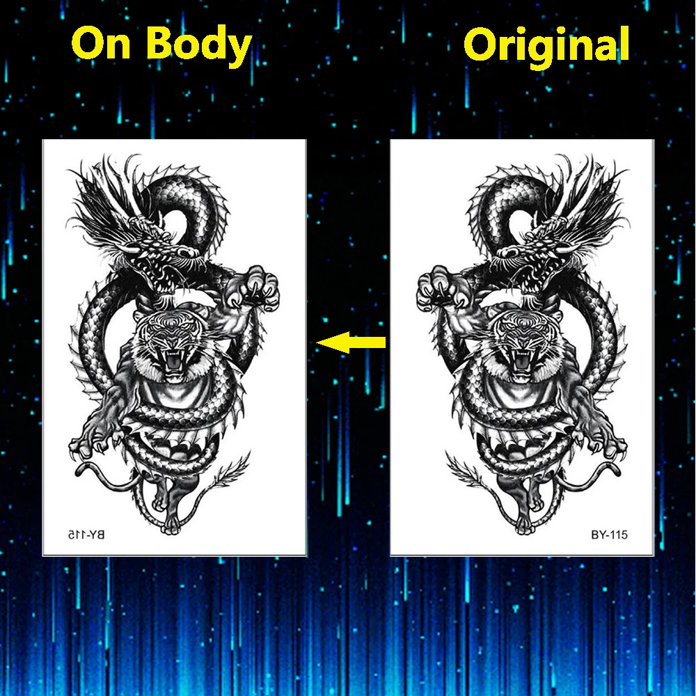 Временные татуировки Черного Тигра и дракона для мужчин поддельные 3D стикер