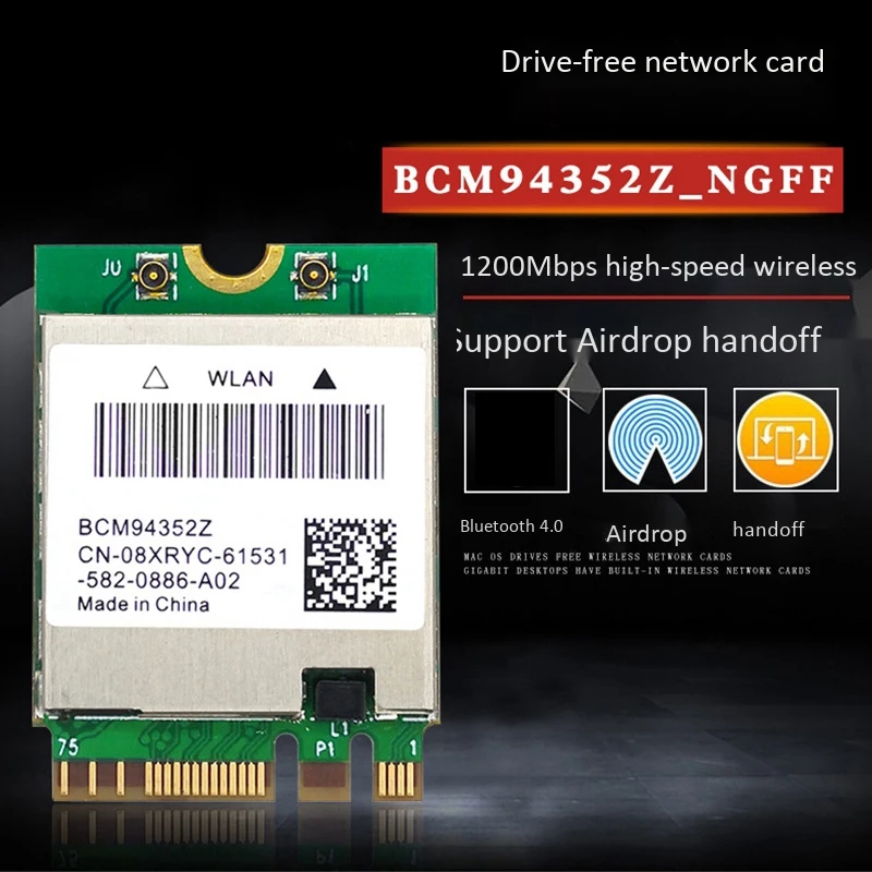 WiFi Card BCM94352Z 1200Mbps 5G/2.4G Dual Band Bluetooth 4.0 M.2 with Antenna Support Airdrop for Hackintosh MAC OS