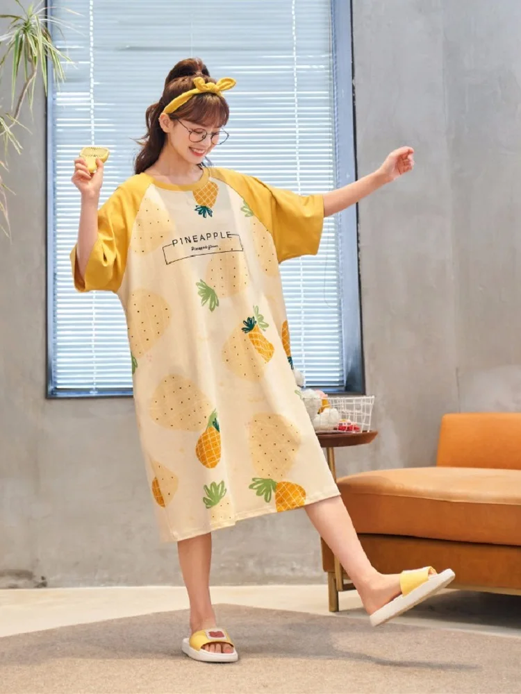 

2021 Женская одежда для сна с коротким рукавом хлопковые ночные рубашки летние Мультяшные ночные рубашки домашняя одежда для сна для девушек