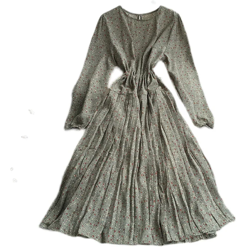 

2021 New Spring Autumn French O-neck long sleeve Dress high waist lace up waist floral print mid-length A-line pleated Dress