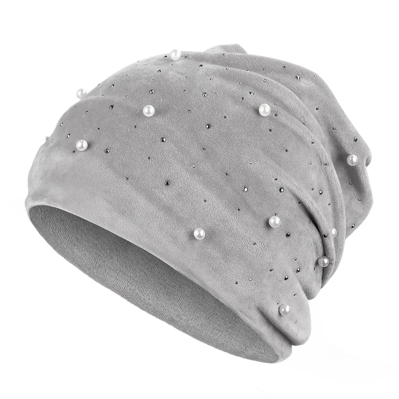 Light Gray Зимние шапки мягкие теплые блестящие однотонные женские шапочки со стразами женские шапки с жемчугом бархатная мягкая шапка - Цвет: Light Gray
