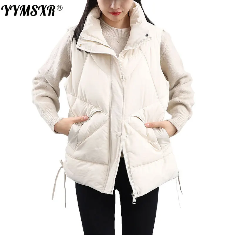 

Winter Women Cotton Clothing 2021 Fall/winter Loose Side Drawstring All-match Stand-up Collar Sleeveless Down Cotton Jacket