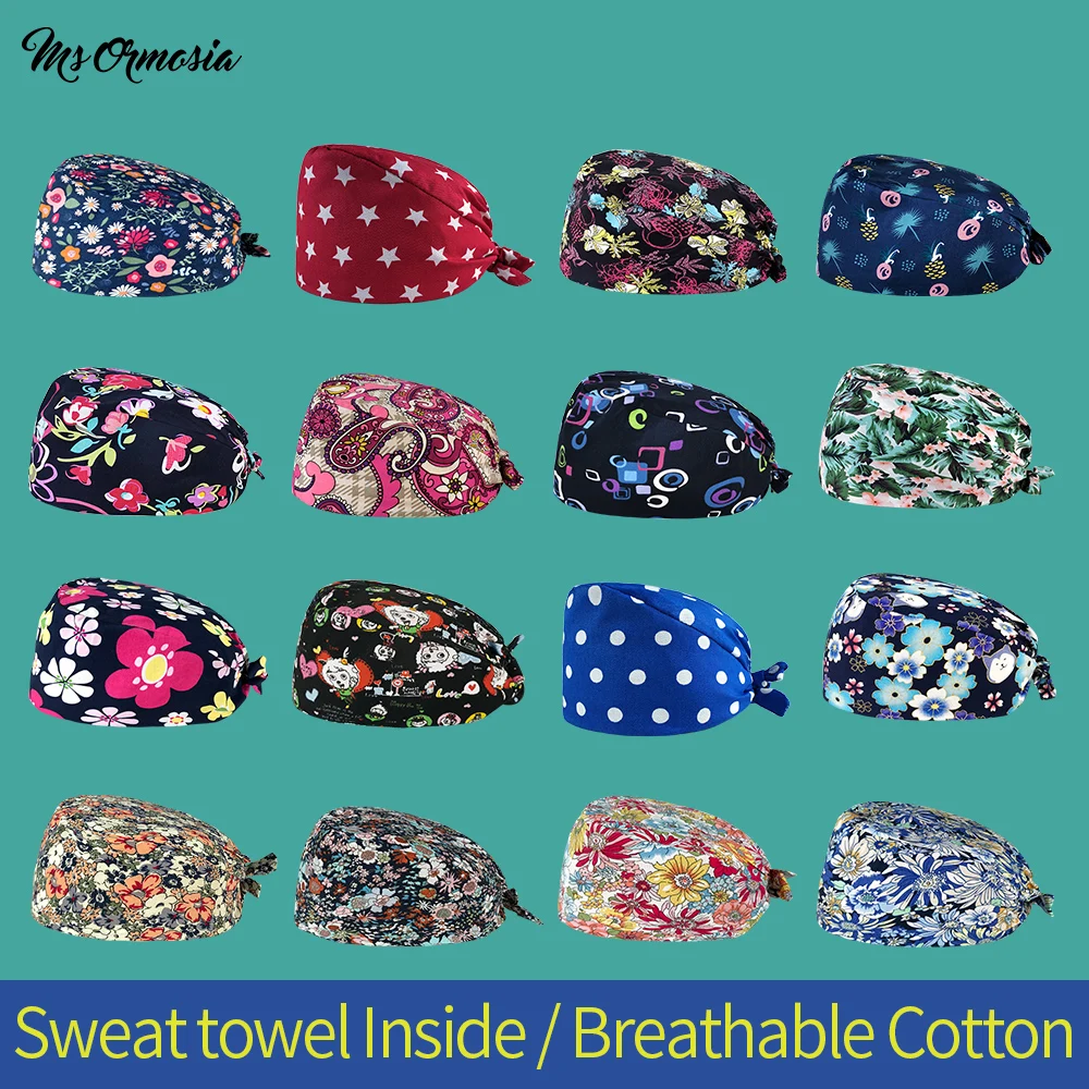 

Разноцветные хлопковые шапки скрабы Регулируемая унисекс мультяшная Женская рабочая шапка для зоомагазина регулируемые шапки скраб Польз...