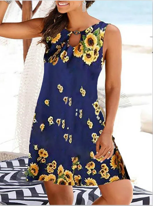 

Woman Dress Floral Print Beach Sleeveless Tank Dress A-line Summer Dress Mini Women Clothing Vestidos Mujer woman dress