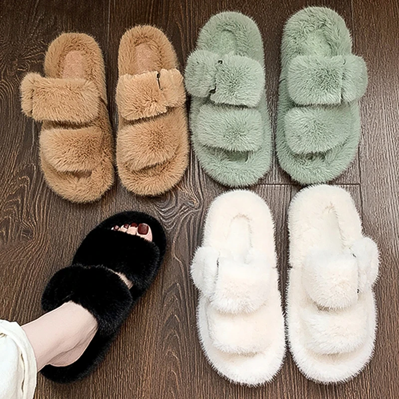 

Furry Fur Slippers Platform Faux Fur Slides Fluffy Flip Flops Plush House Slippers Cozy Flat Sandals Women's Fashion Shoes 2021