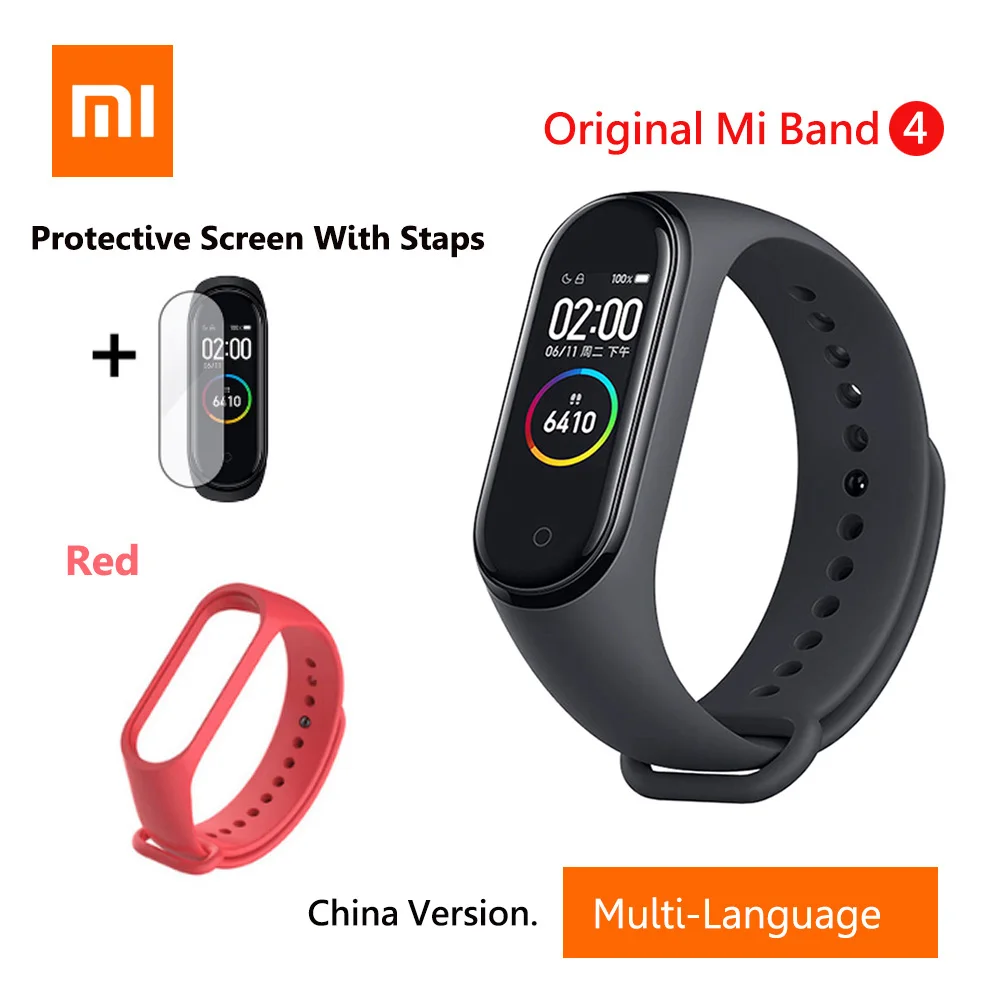 Add Red Strap Xiaomi Mi браслет 4 умный английский Русский Испанский фитнес-браслет с частотой сердечных сокращений 135 мАч Bluetooth 5,0 50 м водонепроницаемый - Цвет: Add Red Strap