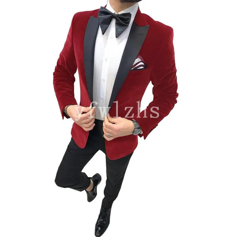 

Handsome Velveteen Groomsmen Peak Lapel Groom Tuxedos Mens Wedding Dress Man Blazer Prom Dinner (Jacket+Pants+Tie) A157