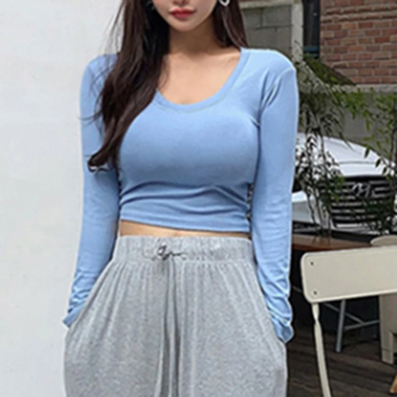 

Long Sleeve T Shirt Women Solid O-Neck Top Mujer Cotton Tees Spring Autumn Slim All-match Blue Skinny Camisetas De Mujer 2021