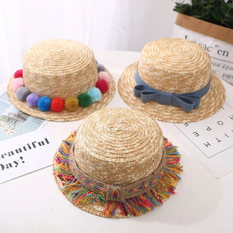 

Wholesale Brand fashion sun flat straw hat boater hat girls bow summer Hats For Women Beach flat panama straw hat chapeau femme
