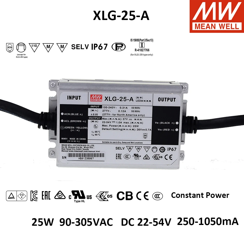 MEAN WELL XLG 25 A импульсный источник питания регулируемый Вт 90 306VAC к DC 22 54 в 250 1250mA